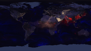 Map of the earth at night with aerosols overlayed